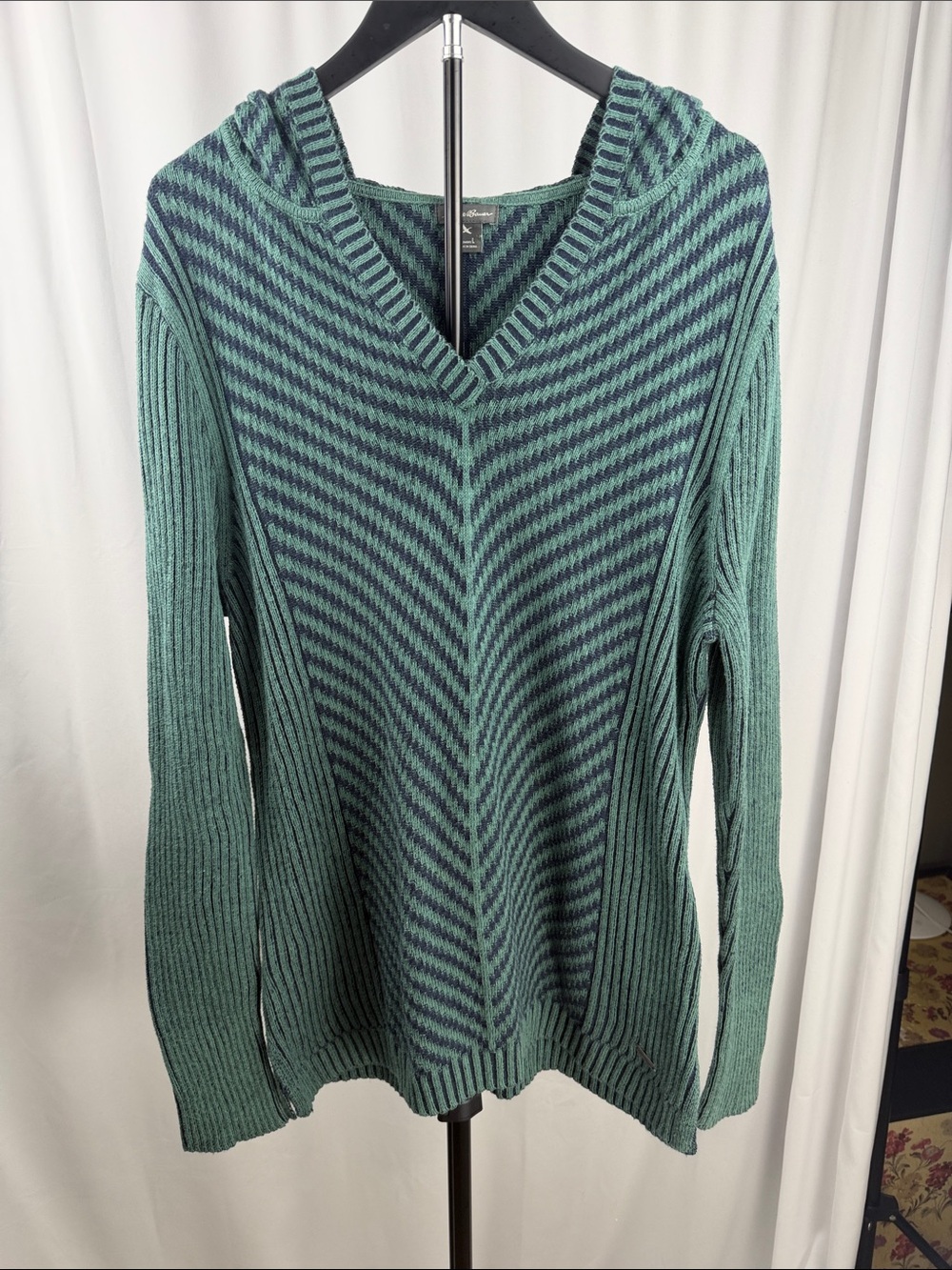 Eddie Bauer Teal and Dark Teal V-Neck Hooded Stripe Sweater - Women's